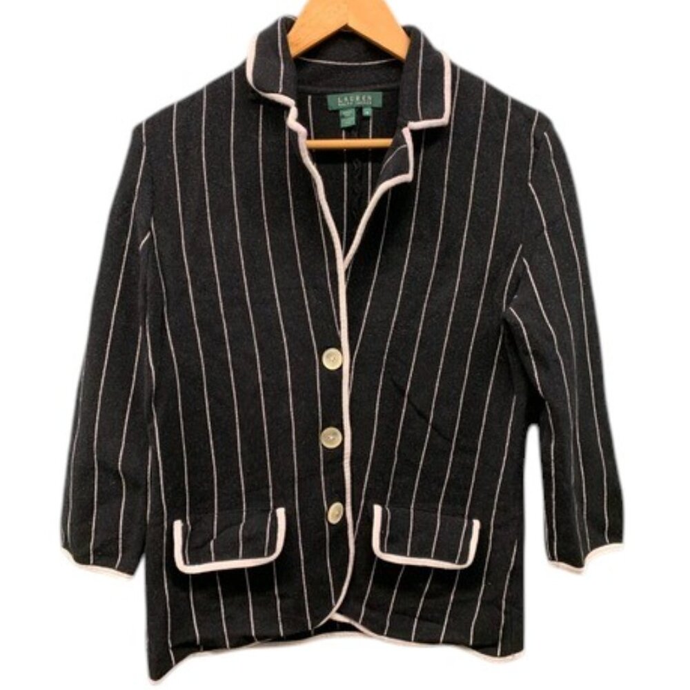 Lauren Ralph Lauren Blazer Women’s M Black White Stripe‎ Cotton 3/4 Sleeve